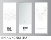 Vector layout of roll up mockup templates for vertical flyers, flags design templates, banner stands, advertising mockups. Gray technology background with connecting lines and dots. Network concept. Vector layout of roll up mockup templates for vertical flyers, flags design templates, banner stands, advertising mockups. Gray technology background with connecting lines and dots. Network concept. Стоковая иллюстрация, агентство Ingram Publishing / Фотобанк Лори
