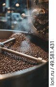 Coffee roasting process showcases rich aromas and flavors in a bustling cafe environment during the afternoon. Стоковое AI-видео, аниматор Сергей Толмачёв / Фотобанк Лори