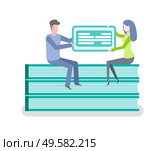 Sitting man and woman holding financial empty blank, online payment, checkbook template, electronic form filling, banner cash account, document icon vector. Financial Empty Blank, Electronic Filling Vector. Стоковая иллюстрация, агентство Ingram Publishing / Фотобанк Лори