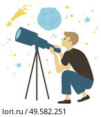 Hobby of researching and discovering planets, milky way and moon or asteroid. Side view of man character with telescope, looking through lens vector. Man Looking Through Lens, Astronomy Hobby Vector. Стоковая иллюстрация, агентство Ingram Publishing / Фотобанк Лори