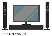 Tv set with sound system, isolated electronic equipment. Modern gadget for watching films at home. Realistic screen and loudspeakers. House furniture, plasma on pedestal vector in flat style. Television TV Set Monitor and Acoustic System. Стоковая иллюстрация, агентство Ingram Publishing / Фотобанк Лори