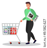 Shopping character with trolley loaded with products bought at store on sale. Isolated personage carrying microwave oven. Cart with bags purchased with discounts. Electronic appliance vector. Person on Shopping Carrying Microwave Oven and Bag. Стоковая иллюстрация, агентство Ingram Publishing / Фотобанк Лори