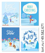 Collection of greeting cards for winter holidays congratulation. People celebrating xmas in city. Kid with sleds pulling sleigh. Figure skating child on ice rink. Wreath with pine and mistletoe vector. Merry Christmas and Happy New Year, Cards Set. Стоковая иллюстрация, агентство Ingram Publishing / Фотобанк Лори