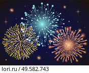 Firework sparkling with lights, fireworks on night or evening sky. Explosion for festival, festive moods. New Year celebration holidays. Bright and shiny decoration. Vector sparkle and glittering ray. Firework Explosive Burst Flare Decorative Glowing. Стоковая иллюстрация, агентство Ingram Publishing / Фотобанк Лори