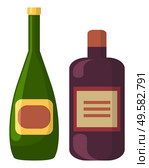 Strong drinks vector, isolated bottles with emblems. Alcoholic beverage poured in containers. Ale or gin, whiskey or run flat style classic liquid. Champagne and Liqueur in Bottles, Alcohol Drink. Стоковая иллюстрация, агентство Ingram Publishing / Фотобанк Лори