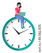 Clock showing time vector, isolated woman working on laptop typing information in gadget. Person with computer managing tasks freelancer with assignment. Time Management, Woman Working on Laptop on Clock. Стоковое фото, агентство Ingram Publishing / Фотобанк Лори