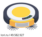 Robotic vacuum cleaner, isolated icon. Housework done by robot with brushes and special sensors. Machine for home usage. Modern device with buttons and light bulbs. Hygiene maintenance vector. Cleaning Robot Vacuum Cleaner of Rounded Shape. Стоковая иллюстрация, агентство Ingram Publishing / Фотобанк Лори