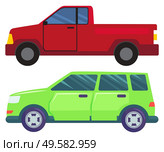 Two cars isolated on white background. Green large minivan or multi purpose vehicle. Red american pickup with big boot. Auto to drive and get your destination quickly. Vector illustration flat style. Big Cars Isolated on White, Pickup and Minivan. Стоковая иллюстрация, агентство Ingram Publishing / Фотобанк Лори