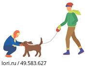 Man and woman walking with dog in winter park. Couple leisure outdoor with domestic pet. Male and female wearing casual clothes going with labrador. Friend training animal character outside vector. People Walking with Dog in Winter Park Vector. Стоковая иллюстрация, агентство Ingram Publishing / Фотобанк Лори