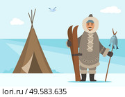 Arctic person outdoors standing by shelter holding ski equipment and wooden stick with hunted fish. Man living in northern parts. Bird flying at sky. Cold weather, freezing climate vector in flat. Arctic Person with Ski Equipment and Fish on Stick. Стоковая иллюстрация, агентство Ingram Publishing / Фотобанк Лори