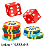 Red dice with amount of dots standing by numbers vector, isolated cube and chips. Value and nominal on circular element playing set poker flat style. Casino Chips and Dice, Playing Cubes with Dots. Стоковая иллюстрация, агентство Ingram Publishing / Фотобанк Лори
