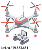 Drone with remote controller, wireless device with propellers, quadcopter symbol, aircraft with remotely radio controlled flying robots, discovery air robot for video and photo, multicopter vector. Quadcopter and Remote Controller, Drone Vector. Стоковая иллюстрация, агентство Ingram Publishing / Фотобанк Лори