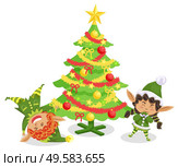 Elves funny cartoon characters tumbling near Christmas tree decorated by toys. Winter holiday card with gnome hero in traditional costume near fir-tree. Postcard with spruce and Xmas assistant vector. Christmas Card with Fir-tree and Elves Vector. Стоковая иллюстрация, агентство Ingram Publishing / Фотобанк Лори