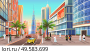 Street in Dubai, cityscape of city in uae. United Arab emirates skyline with skyscrapers and modern luxury sportscars. Citizens and exterior of buildings appartmens of Dubai town, architecture vector. Dubai Street, Cityscape of UAE City Skyline Vector. Стоковая иллюстрация, агентство Ingram Publishing / Фотобанк Лори