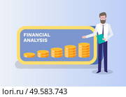 Financial analysis vector, presenter with infographic made in coins, gold money assets, predictions of banking service. Presenting new ideas of bank. Financial Analysis Man Presenting Infochart Vector. Стоковая иллюстрация, агентство Ingram Publishing / Фотобанк Лори