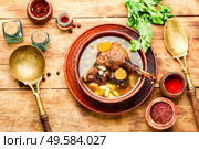 Goose soup with vegetables and pasta. A bowl of duck soup.. Appetizing goose soup. Стоковое фото, агентство Ingram Publishing / Фотобанк Лори