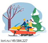 Family having fun outdoors, winter vacation for mother father and kid. People riding snowmobile through snow passing pine tree in forest. Snowmobiling couple and kid. Active lifestyle vector. Family on Winter Vacation Riding on Snowmobile. Стоковая иллюстрация, агентство Ingram Publishing / Фотобанк Лори