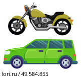 Transport of green color vector, motorbike and van of old sample flat style. Minivan small lorry and modern bike with seat and handles, minibus vehicle. Buy new car and moto bike. Flat cartoon. Motorbike and Vintage Retro Van Transport Set. Стоковая иллюстрация, агентство Ingram Publishing / Фотобанк Лори