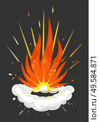 Explosion with flames and smoke. Isolated icon with red and orange colors, explosive element. Dangerous energy, flammable blaze, realistic fireball for game design. Vector in flat style illustration. Explosion Fire and Smoke,Explosive Details Icon. Стоковая иллюстрация, агентство Ingram Publishing / Фотобанк Лори