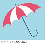 Umbrella with handle seasonal symbol. Parasol striped object for sunny or rainy weather. Shelter protection element isolated on blue color. Opened brolly accessory for medical insurance vector. Parasol Opened Accessory with Handle Sign Vector. Стоковая иллюстрация, агентство Ingram Publishing / Фотобанк Лори