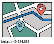 Navigation map for mobile phone application or computer app. Starting point and destination of route. System of finding easy and fast ways in new city. Touristic navigator, vector in flat style. Navigation Map with Destination and Start Vector. Стоковая иллюстрация, агентство Ingram Publishing / Фотобанк Лори