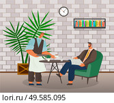 Waiter serving businessman reading newspaper in cafe. Male drinking coffee in coffeehouse. Modern interior of cafeteria or diner. Server wearing uniform giving client ordered beverage vector. Waiter and Client in Cafe, Coffeehouse Interior. Стоковая иллюстрация, агентство Ingram Publishing / Фотобанк Лори
