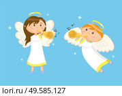 Angels with trumpets playing music, boy and girl vector. Halo and wings, musical instruments, heaven characters in sky, children or kids, Christmas. Angels with Trumpets Playing Music, Boy and Girl. Стоковая иллюстрация, агентство Ingram Publishing / Фотобанк Лори