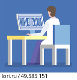 Computed tomography or magnetic resonance imaging vector, doctor with computer and brain scan. Laboratory research of scientist doctor works in clinic. Medical Worker Examining Brain Xray on Computer. Стоковая иллюстрация, агентство Ingram Publishing / Фотобанк Лори