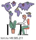 Man working at office, travel agency. Guy sit by table and work on computer. Tourist bureau to find location for trip. Earth map on background with destination pointers. Vector illustration in flat. Man Working at Office, Travel Agency, Earth Map. Стоковая иллюстрация, агентство Ingram Publishing / Фотобанк Лори