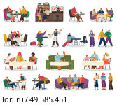 Coffee house or cafe, eating out, customers tables or bar counter vector. Couple on date, business lunch, dinner or coffee break, friends meeting. Waiter taking order and barista in coffehouse. Cafe and Coffee House, Eating Out, Restaurant. Стоковая иллюстрация, агентство Ingram Publishing / Фотобанк Лори