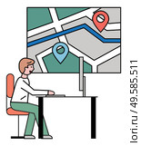 Man working on computer at travel agency, bureau. Guy sit on chair by table at office alone. Street map on wall with way between destination pointers. Vector illustration of road plan in flat style. Man Working at Travel Agency, City Street Map. Стоковая иллюстрация, агентство Ingram Publishing / Фотобанк Лори