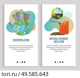 Natural resource depletion vector, overpopulation of cities and big towns, planet earth with gas canister, unwise usage of natural richness. Website or slider app, landing page flat style. Overpopulation and Natural Resource Depletion. Стоковая иллюстрация, агентство Ingram Publishing / Фотобанк Лори