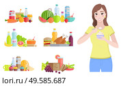Female character eating yogurt rich in probiotics and good bacteria. Isolated woman and set of meals. Watermelon and bottle of water, fruits and vegetable with chicken meat. Vector in flat style. Young Woman Eating Yogurt and Set of Food Vector. Стоковая иллюстрация, агентство Ingram Publishing / Фотобанк Лори