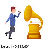 Gramophone gold trophy for best singing performance vector. Male holding microphone battling for reward, golden phonograph with vinyl plate music. Gramophone Gold Trophy Best Singing Performance. Стоковая иллюстрация, агентство Ingram Publishing / Фотобанк Лори