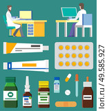 People in laboratory conducting researches and studies vector, medical workers working on computers. Ointments and blister with pills, capsules and plaster. Laboratory and Researches in Lab, Scientists Work. Стоковая иллюстрация, агентство Ingram Publishing / Фотобанк Лори