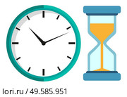 Mechanical clock and hour glass isolated vector icons. Watch with falling sand measuring time. Countdown measurement of hour minutes and seconds. Mechanical Clock and Hour Glass Isolated Vector. Стоковое фото, агентство Ingram Publishing / Фотобанк Лори
