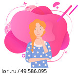 Charming young woman with ginger braid on one side touching her chin while posing. Red haired girl and abstract pink circles background vector illustration. Young Woman Posing Touching Chin Vector Image. Стоковая иллюстрация, агентство Ingram Publishing / Фотобанк Лори