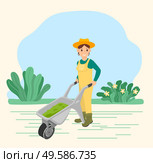 Farmer load and carry wheelbarrow with grass for preparing hay. Rustic equipment, cart for garden and field. Countryside or ranch nature with greenery. Vector illustration of farming in flat style. Farmer Carry Wheelbarrow with Grass, Work on Field. Стоковая иллюстрация, агентство Ingram Publishing / Фотобанк Лори
