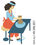 Woman on pastime vector, isolated female sitting by spinning table. Pots made of clay lady at home wearing apron, product handmade production flat style. Woman Making Pots, Hobby of Person Pottery Vector. Стоковая иллюстрация, агентство Ingram Publishing / Фотобанк Лори