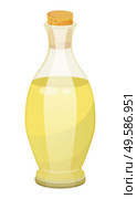 Glass bottle closed with bung with golden liquid inside. Vessel with viscous purified substance used for cooking or hair care. Vegetable, olive or sunflower, oil produced by plant. Vector illustration. Vegetable Oil for Hair Care, Liquid in Vessel. Стоковая иллюстрация, агентство Ingram Publishing / Фотобанк Лори
