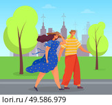 Traveling man and woman walking in park of city. Female and male characters wearing light summer clothes. Fashionable lady in dress and hat. Guy strolling by wife or friend. People outdoors vector. Couple in Windy Citys Park Man and Woman Traveling. Стоковая иллюстрация, агентство Ingram Publishing / Фотобанк Лори