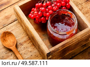Glass jar with jam and fresh viburnum berries. Berries jam in glass jar. Стоковое фото, агентство Ingram Publishing / Фотобанк Лори