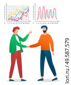 Business cooperation of workers shaking hands. People professionals standing near celled scheme with growth chart report isolated on white. Employees handshake and finance control element vector. Business Partnership and Finance Control Vector. Стоковая иллюстрация, агентство Ingram Publishing / Фотобанк Лори