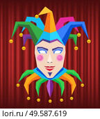 Joker card, symbol of gambling game, face of character with colorful hat with pompons. Laughing person, entertainment element, theatre sign vector. Laughing Character, Head with Colorful Hat Vector. Стоковая иллюстрация, агентство Ingram Publishing / Фотобанк Лори