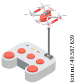 Drone with remote controller, wireless device with propellers, quadcopter symbol, aircraft with remotely radio controlled flying robots, discovery air robot for video and photo, multicopter vector. Quadcopter and Remote Controller, Drone Vector. Стоковая иллюстрация, агентство Ingram Publishing / Фотобанк Лори