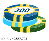 Playing on money vector, isolated chips pile with number on top flat style. Gambling casino element, luck and chance of gambler. Circle item with 200. Value and nominal coin playing set poker. Casino Chips with Value, Gambling Money Playing. Стоковая иллюстрация, агентство Ingram Publishing / Фотобанк Лори