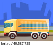 Lorry with compartment for goods or cargo vector, car transporting big items. Cityscape at night, silhouette of skyscrapers, van transport. Automobile service shipping and delivering objects. Delivery and Shipping of Cargo in City, Lorry. Стоковая иллюстрация, агентство Ingram Publishing / Фотобанк Лори