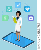 Medical program innovation technology with doctor female and treatment icon. Modern communication with medical app or laboratory online. Woman diagnosing disease in tablet wireless device vector. Medical App with Doctor Female in Phone Vector. Стоковая иллюстрация, агентство Ingram Publishing / Фотобанк Лори