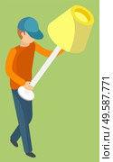 Delivery service man carrying torchiere. Yellow lampshade Porter in workwear carrying furniture piece. Relocation and transportation 3D vector illustration. Delivery Service Man Carrying Torchiere Vector. Стоковая иллюстрация, агентство Ingram Publishing / Фотобанк Лори