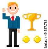 Pixel character with coins and trophy award vector, isolated man wearing business suit and tie smiling because of achievements, 8 bit graphics person. Smiling Businessman and Trophy with Coins Pixel. Стоковая иллюстрация, агентство Ingram Publishing / Фотобанк Лори